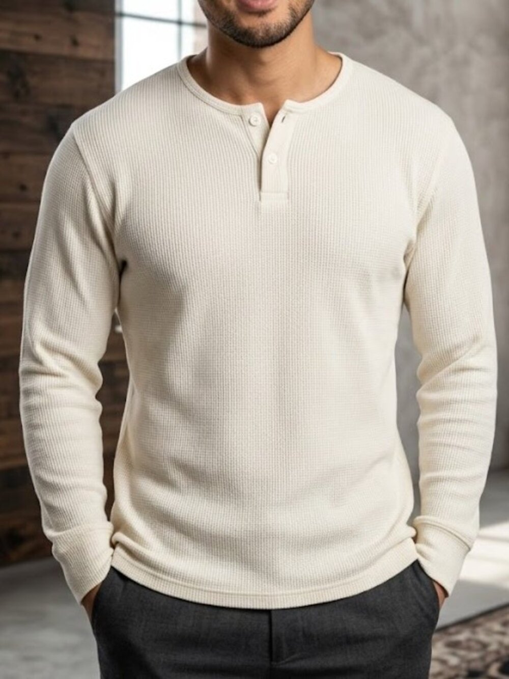 FOG Essentials Waffle Knit Thermal Henley Shirt Cream Size M